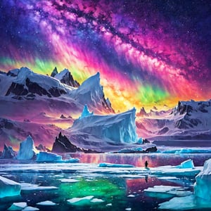 Polar regions, ice floes, giant icebergs, colorful auroras, clear sky, night sky, starry sky, penguins, white night,colorful splashes,painted world,Star,space