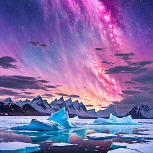 Polar regions, ice floes, giant icebergs, colorful auroras, clear sky, night sky, starry sky, penguins, white night,colorful splashes,painted world,Star,space