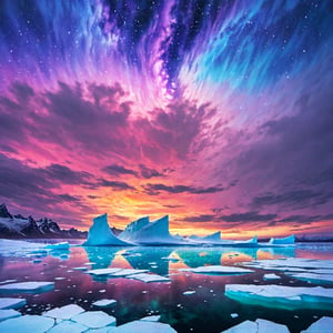 Polar regions, ice floes, giant icebergs, colorful auroras, clear sky, night sky, starry sky, penguins, white night,colorful splashes,painted world,Star,space