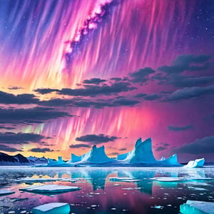 Polar regions, ice floes, giant icebergs, colorful auroras, clear sky, night sky, starry sky, penguins, white night,colorful splashes,painted world,Star,space