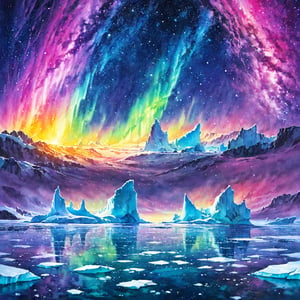 Polar regions, ice floes, giant icebergs, colorful auroras, clear sky, night sky, starry sky, penguins, white night,colorful splashes,painted world,Star,space