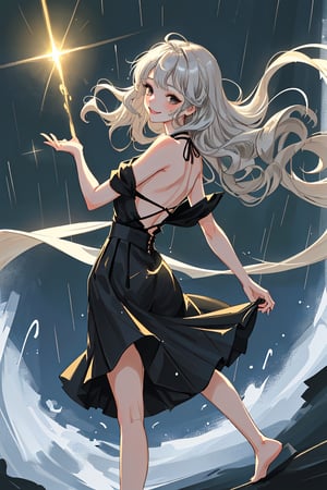A 10-year-old girl's pure and beautiful face, framed by a gentle smile. Her long, wavy hair cascades down her back like a golden waterfall. A white V-neck open shoulder top hugs her delicate skin. A flowing black skirt falls just above her ankles, paired with transparent black stockings that seem to shimmer in the light. The overall pose captures a moment of joy and playfulness, as if she's just stepped out of the rain, her hair mussed and her clothes slightly dampened.