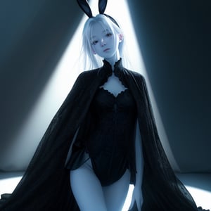 A radiant girl with milky white skin and a slim build, dressed in a black bunny suit, is spotlighted under a bright light. The suit's design is intricate, with the bunny motif clearly visible. Her pose is elegant, and the bright light casts a glow that contrasts sharply with the dark fabric, emphasizing her delicate features and the suit's details. The composition is focused, with the lighting drawing attention to her figure and the suit's unique style.