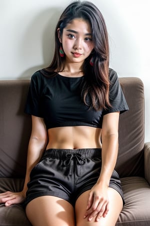 lovely cute young attractive teenage girl, village girl, 18 years old, cute, an Instagram model, long black_hair, colorful hair, summer, dacing, wear black top, sitting at sofa home, clean faceKorean and shorts pant ,Hanbok,Indian big boobbs