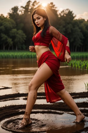 best quality,4k,8k,highres,masterpiece:1.2),ultra-detailed,(realistic,photorealistic,photo-realistic:1.37), beautiful detailed eyes,beautiful detailed lips, Full body shot of girl 19 years old, Girl in red saree, working in rice farm, evening time, deep navel, mud on her feet,wearing a k0715ar33