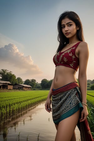 best quality,4k,8k,highres,masterpiece:1.2),ultra-detailed,(realistic,photorealistic,photo-realistic:1.37), beautiful detailed eyes,beautiful detailed lips, Full body shot of girl 19 years old, wearing indian farmer village girl dirty choli ghagra, working in rice farm, evening time, deep navel, mud on her feet, clouds climate