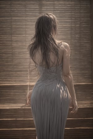 A young woman with long, dark hair flows down her back as she stands alone, dressed in a striking blue gown that accentuates her curves. Her arm is raised and bent, with her hand resting behind her head, drawing attention to the elegant watch adorning her wrist. The camera captures her from behind, capturing the subtle movement of her body as she stands confidently. In the background, the blinds are slightly open, allowing a sliver of light to peek in, adding depth to the intimate scene.