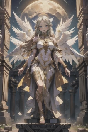 Angel. Extremely detailed. Wide wings. Ethereal. Goddess. Golden. White attire. Attractive. Moon worshipper. Ancient runes. Ancient ruins in background adorned with ancient statues and runes. 