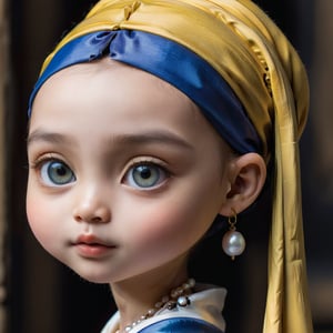Vermeer, Girl with a Pearl Earring. (Masterpiece, top quality, best quality, official art, beautiful and aesthetic:1.2),(1girl:1.4), extreme detailed,(colorful:1.3),highest detailed, (cute girl, 3year old:1.5), cute eyes, big eyes, (a sullen look:1.2), chibi,Xxmix_Catecat