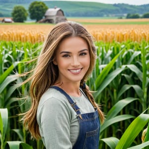 A stunning American farm girl poses with a warm smile, surrounded by lush green cornfields and rustic farming machinery in the background. She wears a casual yet charming outfit, her long hair blowing gently in the breeze. In the distance, a quaint village landscape stretches out, adding to the idyllic atmosphere.