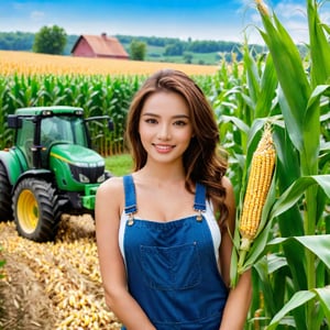 A beautiful woman in a corn farm. Farm girl. Farming machinery in background village girl. american. Pretty and very attractive.