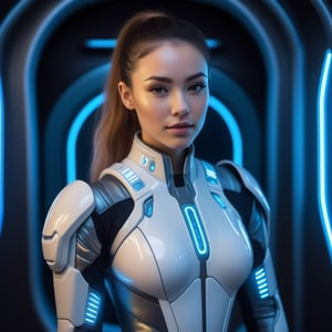 In a dimly lit, neon-lit interior of a futuristic spaceship, an extremely realistic and attractive astronaut stands out against the sleek metallic surfaces. Her cybernetic enhancements, intricately decorated with glowing circuitry and pulsing LED lights, accentuate her striking features. Highly detailed and lifelike, she gazes confidently into the camera, surrounded by a halo of soft blue light that casts a warm glow on her porcelain skin.