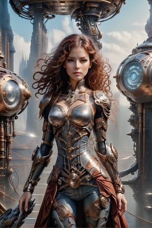 Full body. A steampunk-inspired illustration of a stunning American woman in her mid-20s, dressed in a Victorian-era inspired full-body armor, with intricate cybernetic enhancements integrated into the design. She stands confidently, one hand grasping a gleaming sword, while the other holds a futuristic device. The background features a misty, gaslit cityscape at dusk, with steam-powered airships hovering above. The woman's eyes gleam with determination and her long, curly brown hair cascades down her back like a fiery waterfall.