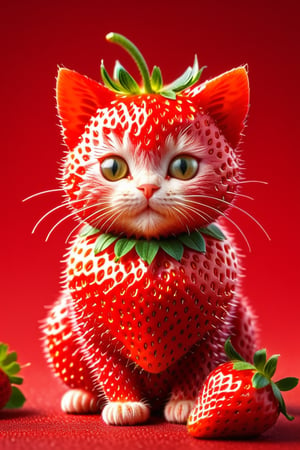 strwbrrxl, detailed image of a cute cat textured strawberrz red skin, sitting, natural light, magic stars background, The surface of the strawberry is dotted with numerous small seeds and has a bright red color, which is typical for ripe strawberries, strwbrrx
