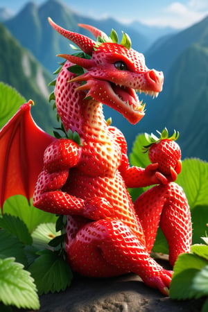 strwbrrxl, full body, detailed realistic image  of  a big dragon textured strawberry red skin, , smiling, sitting, natural light, magical, mountain background, , solo, very detailed, 4k, masterpiece, morph, photo realistic, RAW photo, subject, 8k uhd,sharpened focus soft, lighting, high quality, The surface of the strawberry is dotted with numerous small seeds and has a bright red color, which is typical for ripe strawberries, strwbrrxl
