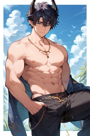 score_9, score_8_up, score_7_up, masterpiece, best quality, 1boy, male focus, ren_zotto, horns, black hair, blue eyes, pointy ears, looking at viewer, muscles, large_muscles, big_muscle,peeing 
