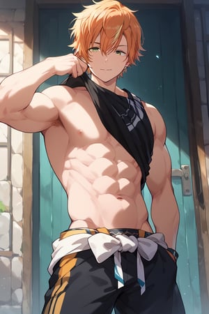 score_9, score_8_up, score_7_up, masterpiece, best quality, 1boy, male focus, looking at viewer, big_muscle,akito,orange hair,yellow streaked hair,green eyes, black underwear, large_muscles, abdominal_muscles, adonis_belt, six-pack_abs, pectorals