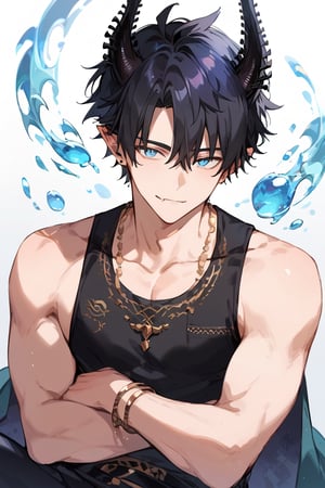 score_9, score_8_up, score_7_up, masterpiece, best quality, 1boy, male focus, ren_zotto, horns, black hair, blue eyes, pointy ears, looking at viewer