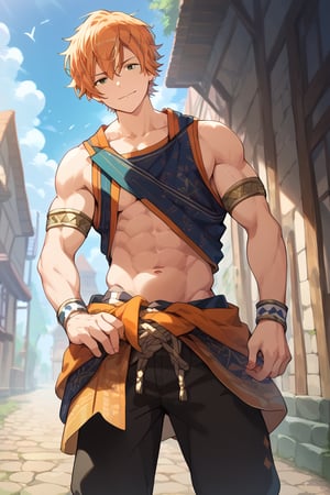 score_9, score_8_up, score_7_up, masterpiece, best quality, 1boy, male focus, looking at viewer, big_muscle,akito,orange hair,yellow streaked hair,green eyes, black pants, large_muscles, abdominal_muscles, adonis_belt, six-pack_abs, pectorals