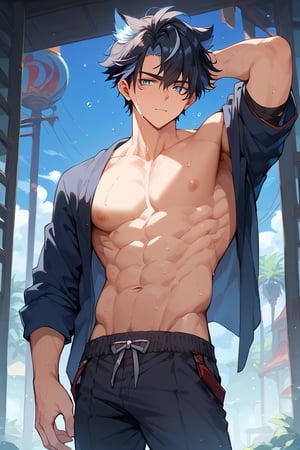 score_9, score_8_up, score_7_up, masterpiece, best quality, 1boy, male focus, black hair, blue eyes, looking at viewer, sweating, abs,wriothesley,short hair,multicolored hair,bangs