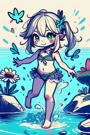 nahida_genshin, cross-shaped pupils, happy, flowers, pop holographic river rocks, navel, barefoot, blue water, kick splash sprinkle, sketch