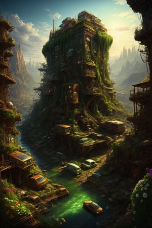 style by Terry Redlin,best quality,high resolution,extremely detailed,8k,dynamic angle, vray engine,creative,unconventional,creative dystopic, sky-land realism dreamlike floating cyberpunk,glass architecture masterpiece inspired by ,green floral,cliff realistic junkyard nature by Thomas Cole,huge busy maximalist scene