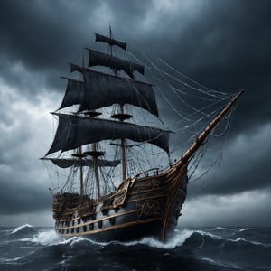 spiderweb pirate ship, ghost entwined with cobwebs, rough dark waves cloudy sky dark sky, cinematic, photorealistic very detailed, professional photo