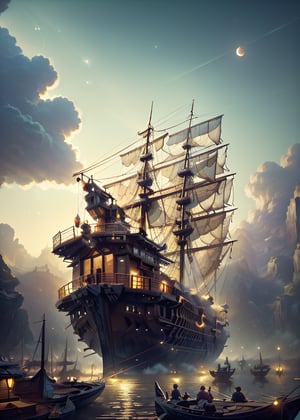 Floating market on Venus at dawn, masterpiece, fantasy, digital art, highly detailed, overall detail, atmospheric lighting, Awash in a haze of light leaks reminiscent of film photography, awesome background, highly detailed styling, studio photo, intricate details, highly detailed, cinematic, ,