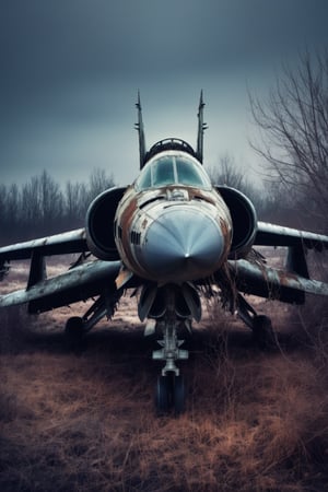 winter, dark, dusk, an abandoned old rusty fighter jet, an overgrown , frame weathered and worn, detailed 