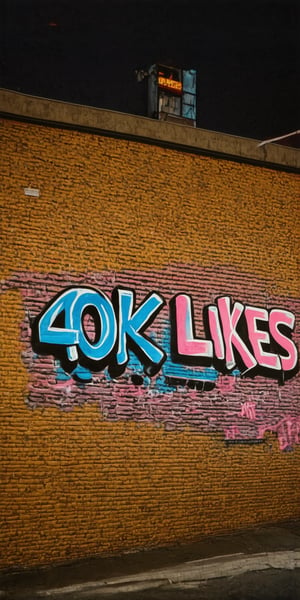 “Night photo of a wall in the city. On the wall  we see detailed graffiti, the graffiti text reads "40K LIKES".”,text say's