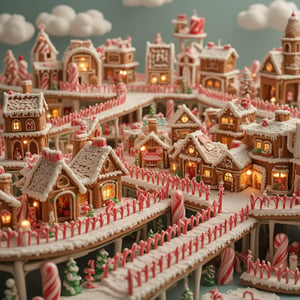 Masterpiece, Top Quality, High Resolution,Miniature Miniature model of A city built entirely of gingerbread and candy, with lollipop lampposts and candy cane railings, detailed model toys with a sense of reality, beautiful art UHD 8K, ultra-detailed miniature models