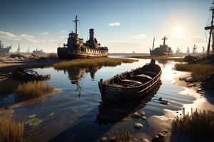 stalker game, reed estuary with abandoned ships, metro exodus, fallout 4, cinematic backlighting, magical deep shadows, ultra-realism