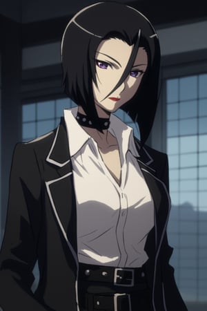 score_9,score_8_up,score_7_up,Yuri Nikaidou (The World God Only Knows) , 1girl, , black hair, black jacket, black nails, card, closed mouth, collared shirt, dress shirt, short hair, black hair,, jacket, , long sleeves, looking at viewer, purple eyes,lipstick, hair between eyes,lipstick, choker, belt,, shirt, solo, twin drills, upper body, white shirt ,scenery,ClrSkt,,yuri nikaidou