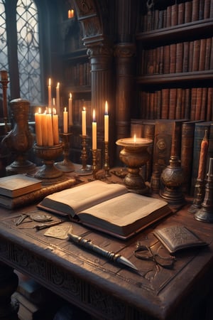 ancient library, books, artifacts, magical gothic spellbook, candles, writing quill, magical paraphernalia, trending on artstation, sharp focus, studio photo, intricate details, highly detailed, by greg rutkowski