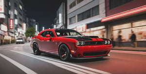 solo, night, no humans, ground vehicle, motor vehicle, car, motion blur, vehicle focus, jdm car, jdm, the car: red and black, model of the Dodge Challenger III Restyling 2 2015 modified for street racing in japan, cinematic lighting, cinematic view