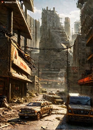 extremely detailed, there is a truck that is driving through a city with buildings, digital concept art of dystopian, post - apocalyptic city, dystopian scifi apocalypse, photorealistic dark concept art, post apocalyptic city, post apocalyptic scene, apocalyptic city, highly realistic concept art, post apocalyptic atmosphere, post apocalyptic tokyo, post apocalyptic wasteland, post - apocalyptic wasteland, post - apocalyptic city streets, unreal engine 5, perfect composition, vibrant, rtx, hbao, sharp, realisticvision-negative-embedding