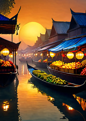 Floating market on Venus at dawn, masterpiece, fantasy, digital art, highly detailed, overall detail, atmospheric lighting, Awash in a haze of light leaks reminiscent of film photography, awesome background, highly detailed styling, studio photo, intricate details, highly detailed, cinematic, ,