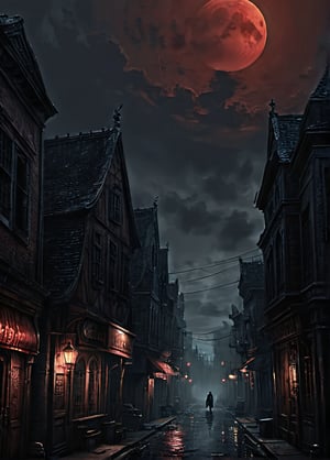 The city of yharnam, oil painting, Red moon, realistic, extreme detail, scary, terrifying, dark and warm environment, 8k, Epic, (Use Dream Diffusion Secret Prompt), UHD