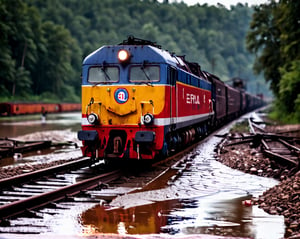 a broken locomotive on flooded ground   ral-ertmsphr