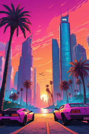 GTA VI style drawing of a vibrant coastal city at sunset with palm trees and skyscrapers, a city inspired by Dubai. Use of vivid colors and realistic details with a touch of distinctive graphic art from the game. ((GTA VI)). UHD. 8K, Glowwave, colorpop,  