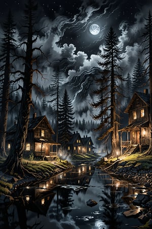 Transports viewers to a haunted, remote ghost town shrouded in darkness, where huge trees in a dark forested area behind the houses, water flowing from a small stream and spectacular apparitions hover among the swirling mist, evoking a sense of otherworldly horror. Tense, eerie, and dark only moonlight, candlelight, ink painting, illustration, photo-realistic, realistic, long shot