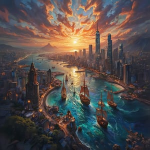 masterpiece, panoramic view, distant view, landscape, epic composition, fantasy artwork, 
Maritime Metropolis: A sprawling coastal city as seen from above during sunset. Twinkling lights from skyscrapers merge with the golden hues of the horizon, while countless ships form intricate patterns on the azure ocean