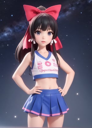 ((1 woman)), yae kokonoe, petite girl, full body, chibi, 3D figure girl, black hair, 1 tails, beautiful girl with great detail, beautiful and delicate eyes, detailed face, beautiful eyes, cheerleader, how to write clothes, crop top, sleeveless shirt, abdomen, mini skirt, pleated skirt, holding pom-poms, hands on hips, detail, dynamic beautiful pose, dynamic pose, (starry background: 1.4), ((realistic)) quality: 1.2), dynamic distance shot, natural light, perfect composition, super detail, official art, masterpiece, (best) quality: 1.3), reflection, high resolution CG Unity 8K wallpaper, detailed background, masterpiece, (photorealistic): 1.2), random angle, side angle, chibi, full body, mikdef,yae kokonoe