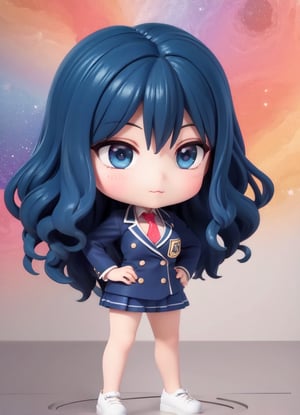 ((1 woman)), Nozaki Yuu, petite girl, full body, big breast, chibi, 3D figure girl, blue hair, wavy hair, very long hair, beautiful girl with great detail, beautiful and delicate eyes, detailed face, beautiful eyes,  hands on hips, detail, dynamic beautiful pose, dynamic pose, (starry background: 1.4), ((realistic)) quality: 1.2), dynamic distance shot, natural light, perfect composition, super detail, official art, masterpiece, (best) quality: 1.3), reflection, high resolution CG Unity 8K wallpaper, detailed background, masterpiece, (photorealistic): 1.2), random angle, side angle, chibi, full body, mikdef,,wavy hair,nozaki yuu