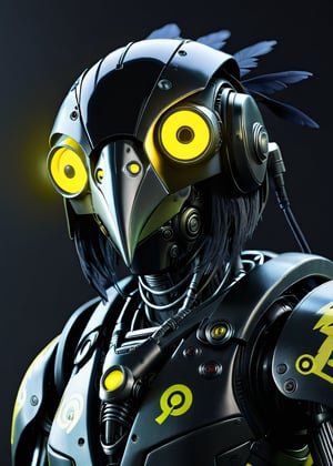 black Raven robot, at night, frontal view, yellow glow in the dark color scheme,documentary style realism, responsibility, high saturation, dark atmosphere,scary atmosphere, Junji lTO, Chinese Punk,  