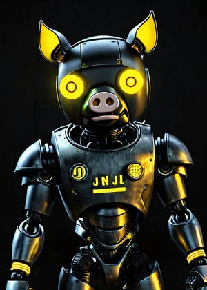 black pig robot, at night, frontal view, yellow glow in the dark color scheme,documentary style realism, responsibility, high saturation, dark atmosphere,scary atmosphere, Junji lTO, Chinese Punk,  