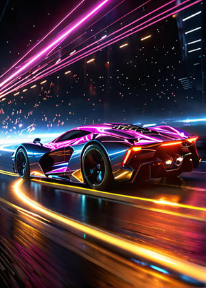 a sci-fi sportscar passing by, light speed, flash, motion trail, a shining star(sun) in the background, motion blur, epic visual effects, interstellar, flow, detailed, scifi, star blast, dark vibrant colors, cosmic art, stars in background, cinematic scene, lens flare, god rays, glow, art of Doug Chiang and John Park  glowneon, glowing, sparks, lightning, ultra detailed , dramatic lighting