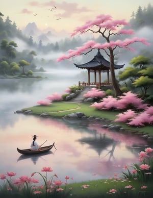 A serene, mystical scene featuring a tranquil lake with a gentle stream flowing into it. In the distance, an ancient temple stands atop a small hill, partially obscured by a gentle mist. A small boat floats quietly on the still lake, with a lone crane standing nearby, adding a touch of elegance to the scene. Cherry blossom trees in full bloom line the shore, their delicate pink petals creating a beautiful contrast against the lush greenery. Various flowers dot the landscape, enhancing the natural beauty. The setting is bathed in a soft, weak sunlight, casting a warm, ethereal glow over the entire scene. The overall atmosphere is one of peaceful solitude and natural beauty, capturing the essence of a hidden paradise.  ral-fntsyrlms, , ,  Gorgeous splash of vibrant paint,