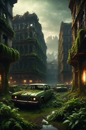 best quality, extremely detailed, 4k, wide shot, After humanity has gone, big city in ruins, overgrown by lots of green plants, streets full of rusty cars, eerie, gloomy, scary atmophere, HellAI, LegendDarkFantasy
