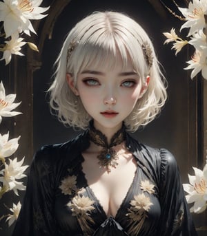 high quality, high quality 32k  Woman in a gothic setting, grunge inspired with Yuko Shimizu, Masamune Shirow, Inio Asano, and Junji Ito's styles, high fashion elements in a dark and ambiguous atmosphere, White hair flowing into a radiant lily, body embellished with crystals, luminism, bioluminescence, expression brimming with hyperrealism, stands with dark beauty, cinematic lighting, visual enhancement through triple exposure technique, accentuating the character's impeccably depicted fingers and idealised form, Japanese ink techniques, chiaroscuro effects, medium shot, high quality, ultra hd,emo